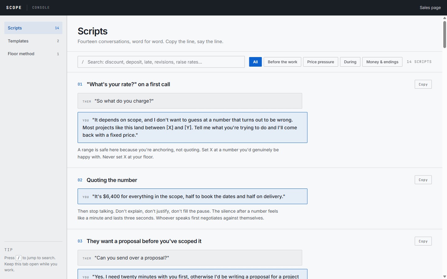 The SCOPE console, a searchable script reference