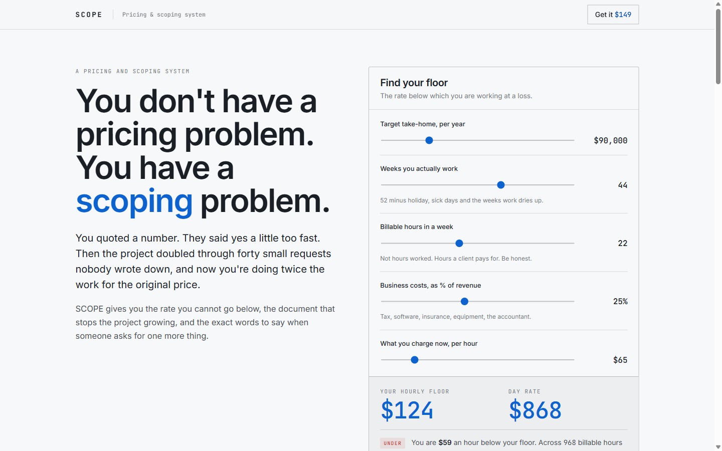 The SCOPE sales page with its live rate calculator